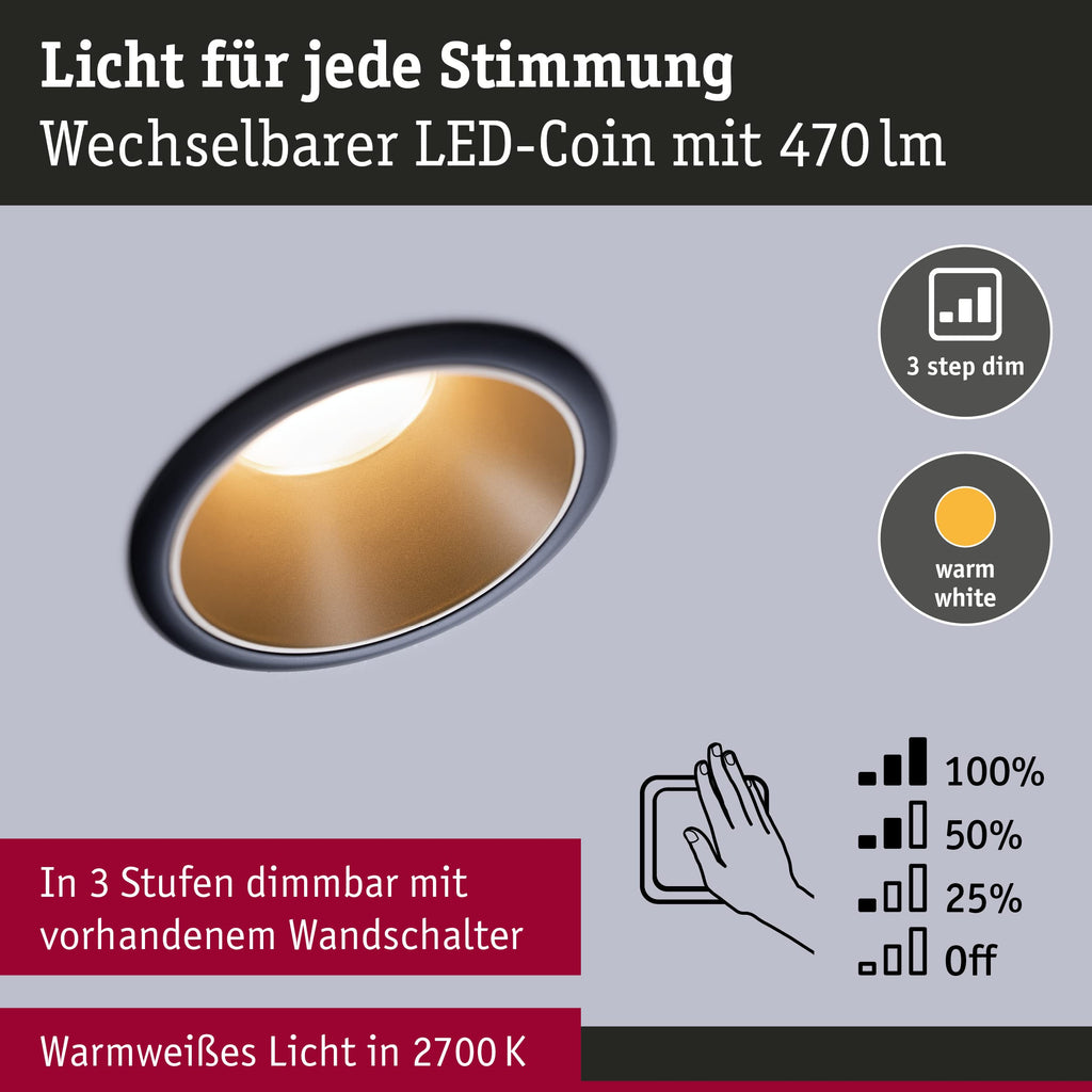 Paulmann 93404 LED Einbauleuchte Cole rund incl 3x6W dimmbar Einbaustrahler Schwarz, Gold matt Einbaulampe Kunststoff, Alu Zink Deckenspot 2700K