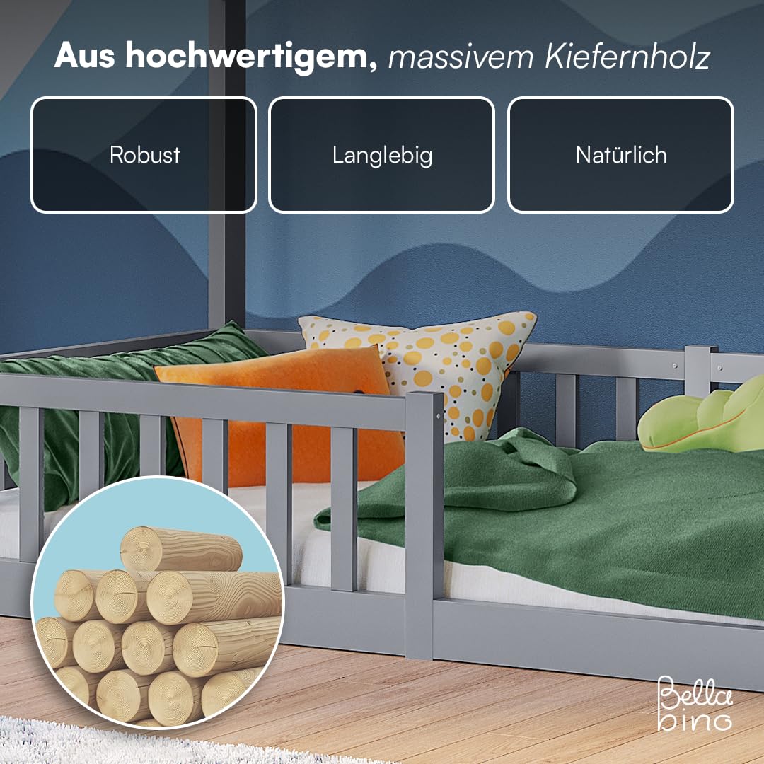 Bellabino Bia Kinderbett 90x200 cm – Bodenbett mit Rausfallschutz & Lattenrost – Hausbett aus Massivholz Kiefer – Montessori Kinder Bett in Hellgrau für Jungen und Mädchen