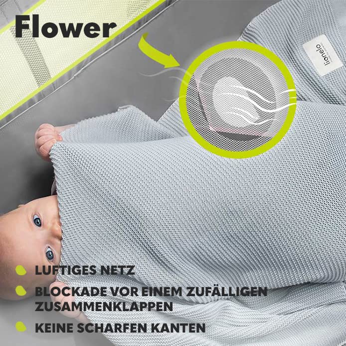 Lionelo Flower 4in1 Reisebett Baby mit Seiteneingang, Wickeltisch, Zwei Matratzenaufhängungshöhen, Spielzeugbogen mit Spielfiguren, Rollen, Tragetasche