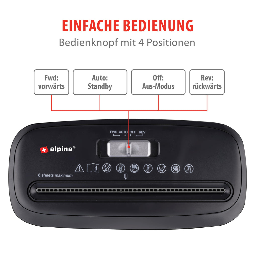 Alpina Aktenvernichter – Papiershredder für Zuhause und Büro – Shredder Zerstört Kreditkarten – Zerkleinern Sie 6 A4-Blätter auf Einmal - 10L Behälter – 190W Leistung – Schwarz