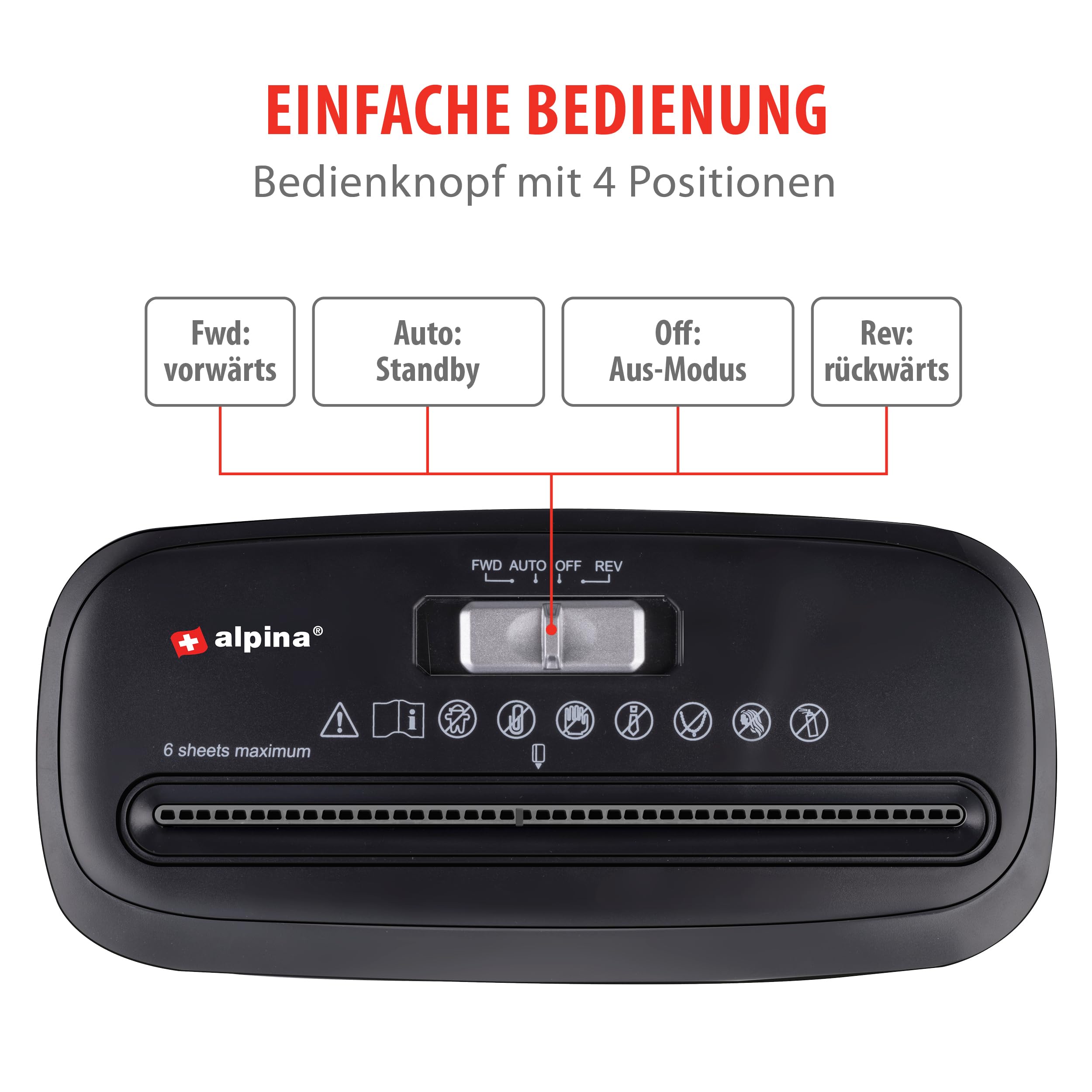 Alpina Aktenvernichter – Papiershredder für Zuhause und Büro – Shredder Zerstört Kreditkarten – Zerkleinern Sie 6 A4-Blätter auf Einmal - 10L Behälter – 190W Leistung – Schwarz