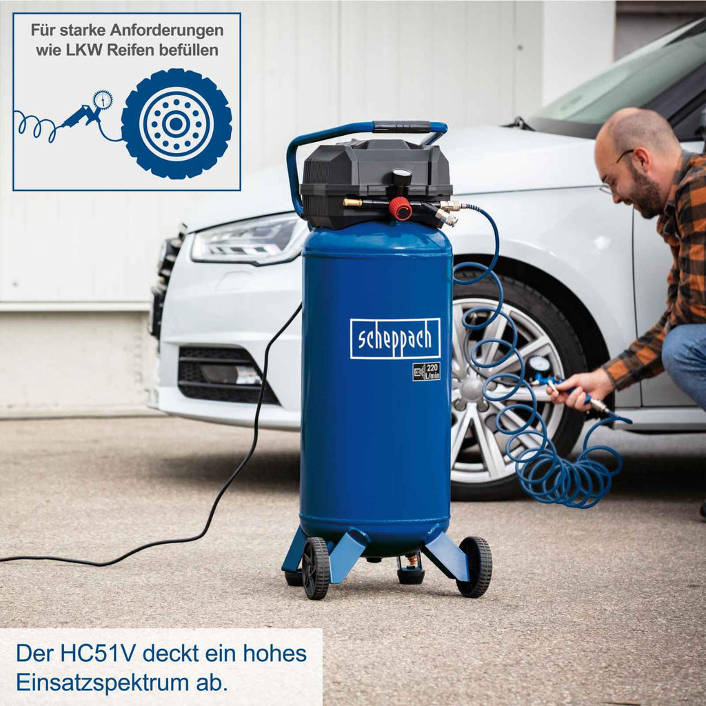 Scheppach Druckluft Kompressor stehend HC51V | 1500W mit 10bar Druck | 50L Kessel | Ansaugleistung 220 l/min | ölfrei/wartungsarm | Druckminderer, Fahrvorrichtung & 2 Schnellanschlusskupplungen