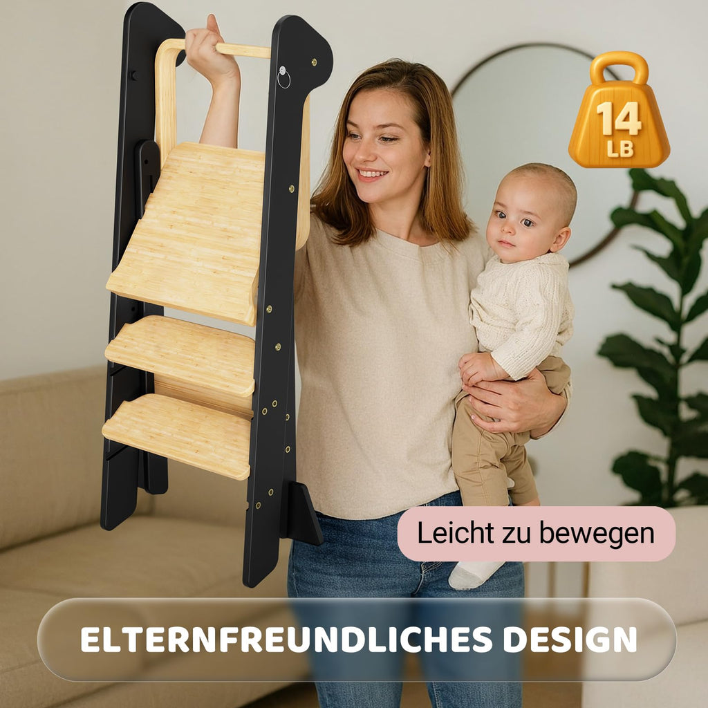 COSYLAND Lernturm ab 1 Jahr klappbar – iF Design Award Gewinner, höhenverstellbarer Lernturm mit Sicherheitsnetz, Montessori Learning Tower/Lernstuhl für Kinder, Foldi (Schwarz & Natur)