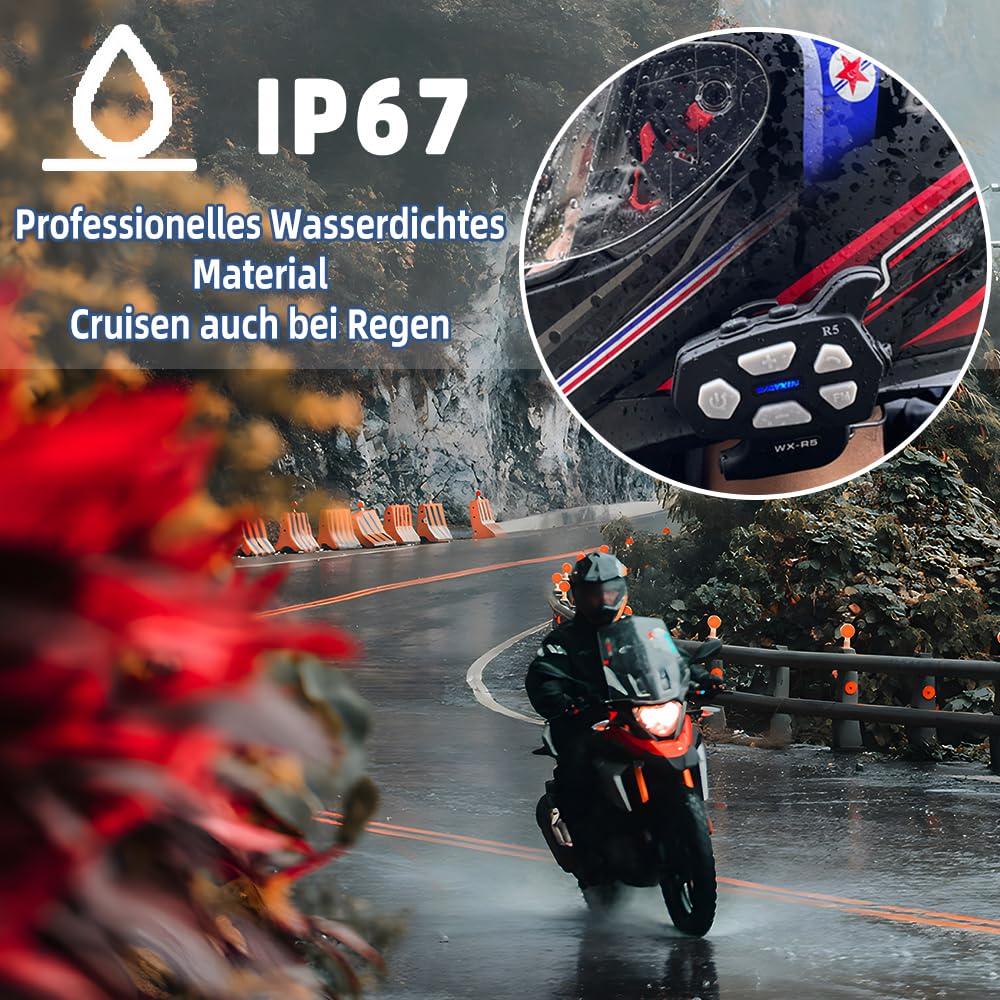 WAYXIN R5 Pro Motorrad Headset Intercom mit HiFi/FM/AI Sprache Motorrad Bluetooth Headset für 2 Personen in Reichweite von 1200m 40mm Motorrad Intercom IP67 wasserdicht （2pc）