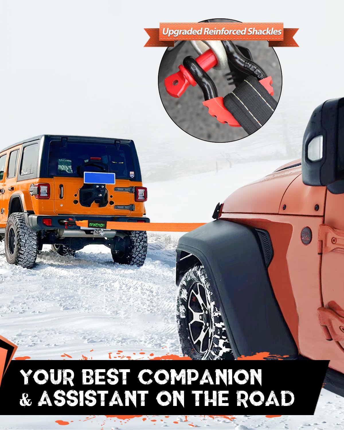 MAIKEHIGH Abschleppseil 15 Tonnen (33,700 Lbs), 6M x 7,6cm Abschleppgurt mit 2 Verbesserten Schäkeln Haken, 2 Handschuhen für Auto, LKW, SUV, Offroad (Orange)
