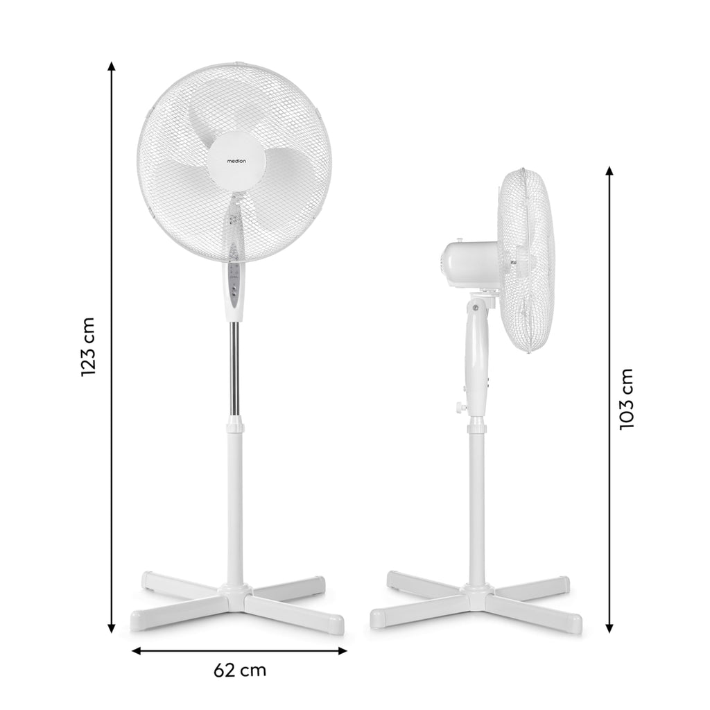 MEDION Standventilator mit Fernbedienung, drei Geschwindigkeitsstufen, 45 Watt Leistung, 36 cm, Schwenkfunktion, Oszillation, verstellbare Höhe, MD18795, weiß