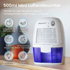 Pro Breeze Mini Luftentfeuchter 500ml gegen Feuchtigkeit, Schmutz, Schimmel, Geräuscharm und Kompakt für Kleine Räume, Automatisches Abschalten, geeignet für Allergiker - Weiß