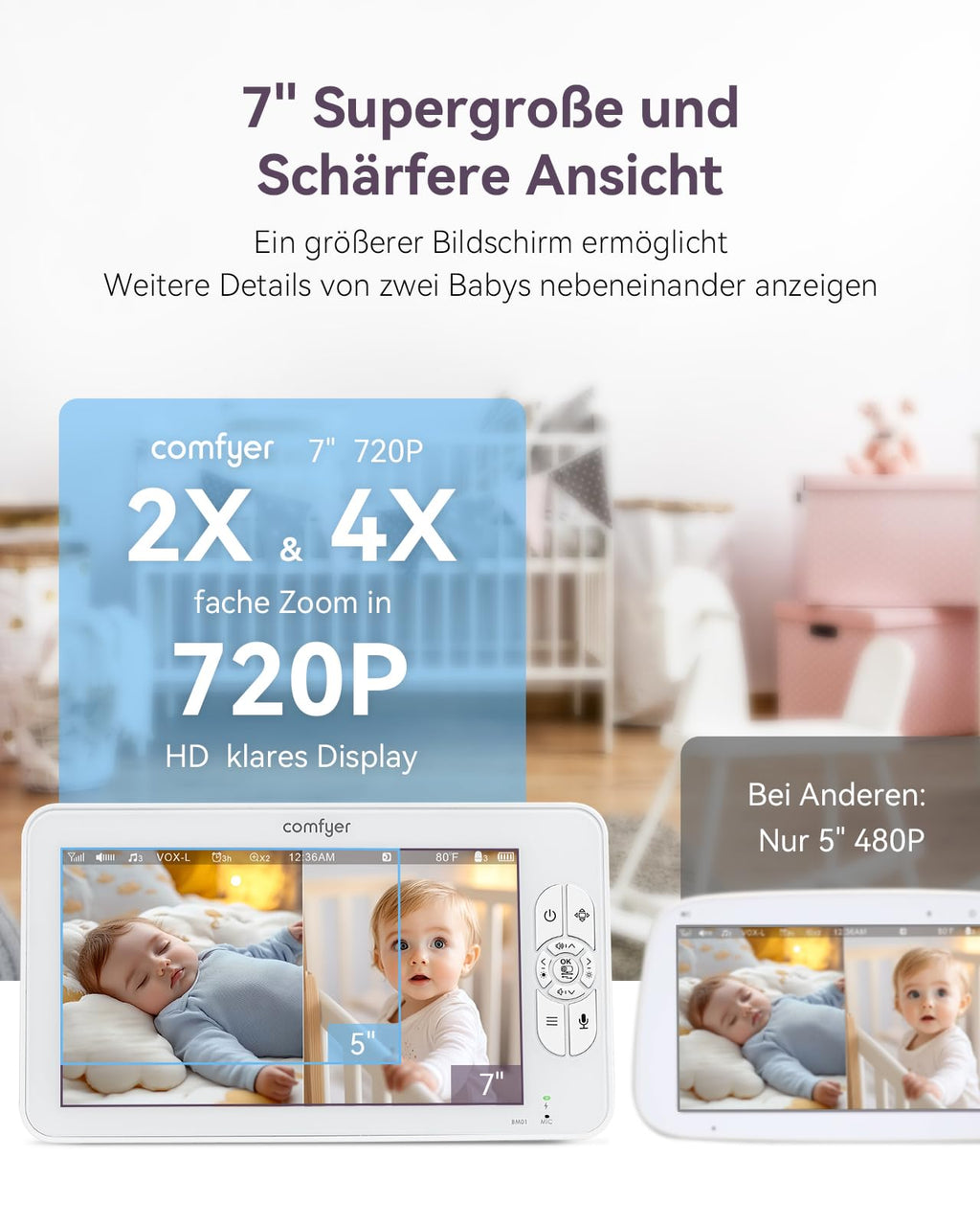 Comfyer Split-Screen Babyphone mit 2 Kameras, 7" HD 720P Video Babyphone ohne WLAN mit Halterung, IR-Nachtsicht Vox-Modus 2-Wege-Audio 6000mAh 300M Reichweite Videoüberwachungsgeräte
