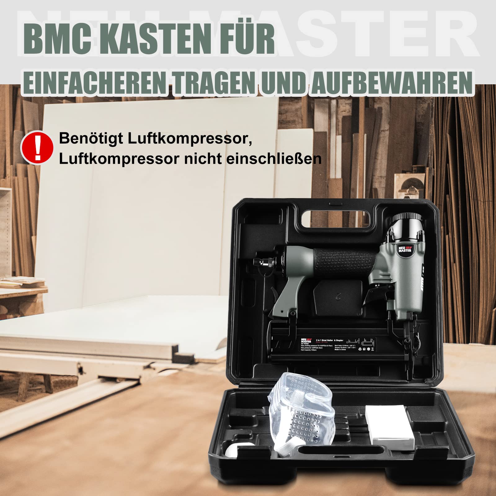 NEU MASTER Druckluftnagler, 2 in1 Drucklufttacker mit Transportkoffer inkl. 800 Nägel und 200 Klammern für Werkstatt und Haus
