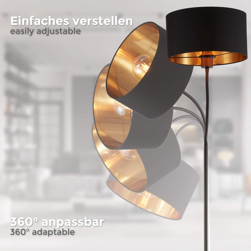 B.K.Licht - Stehlampe Vintage mit Fußtaster, Lampenschirm aus Stoff, schwenkbar, Leselampe, Deko Wohnzimmer, Lampe, Deckenfluter, Bogenlampe, Standleuchte, Industrial, 25x145 cm, Schwarz-Gold