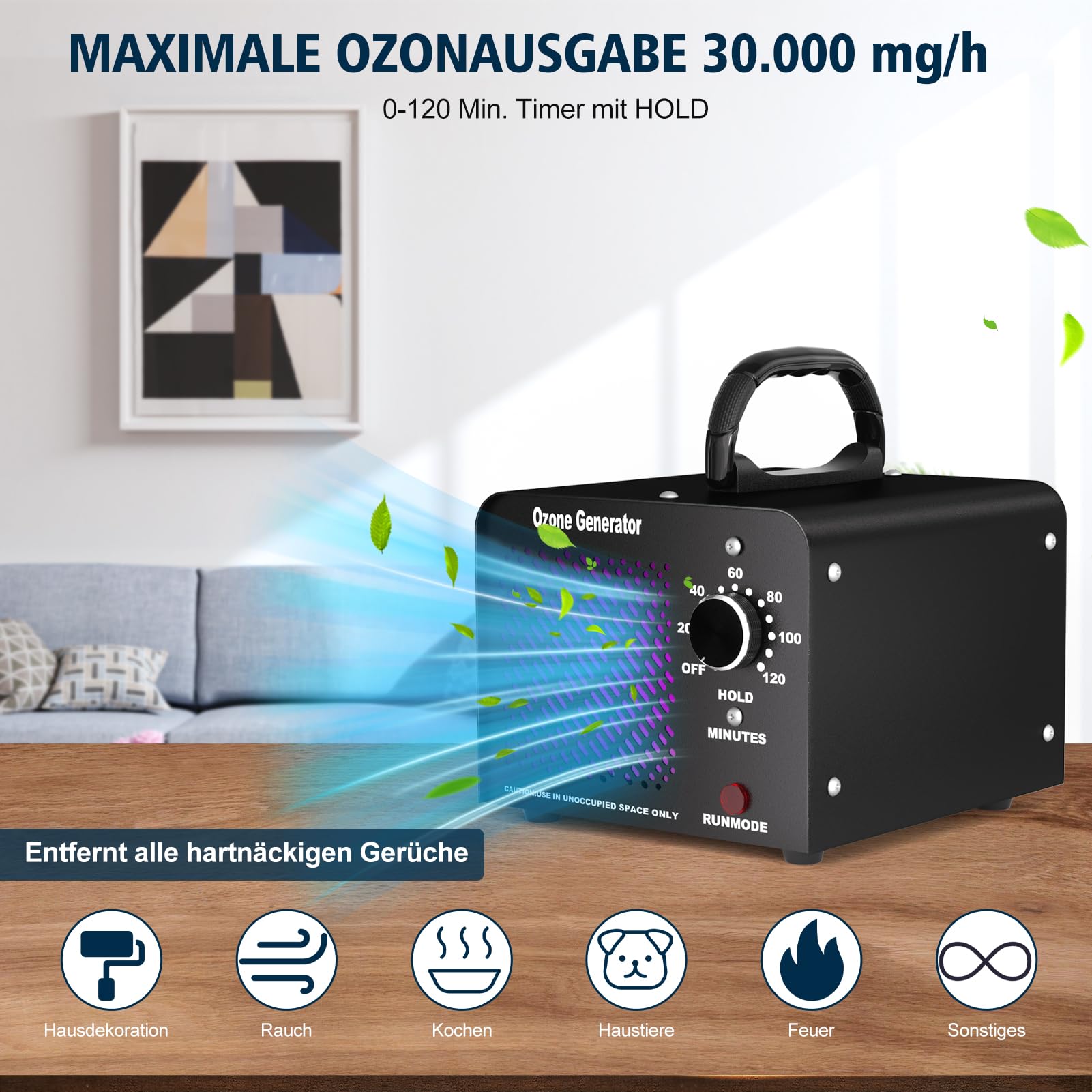 Ozongenerator 30,000mg/h, Ozonisator Industrieller Ozongerät O3 mit 120 Min Timer Ozon Luftreiniger Ozongerät bis zu 300㎡ O3 Ozonisator für Auto Garagen Wohnung Hotels Küche Haustiere Gerüche