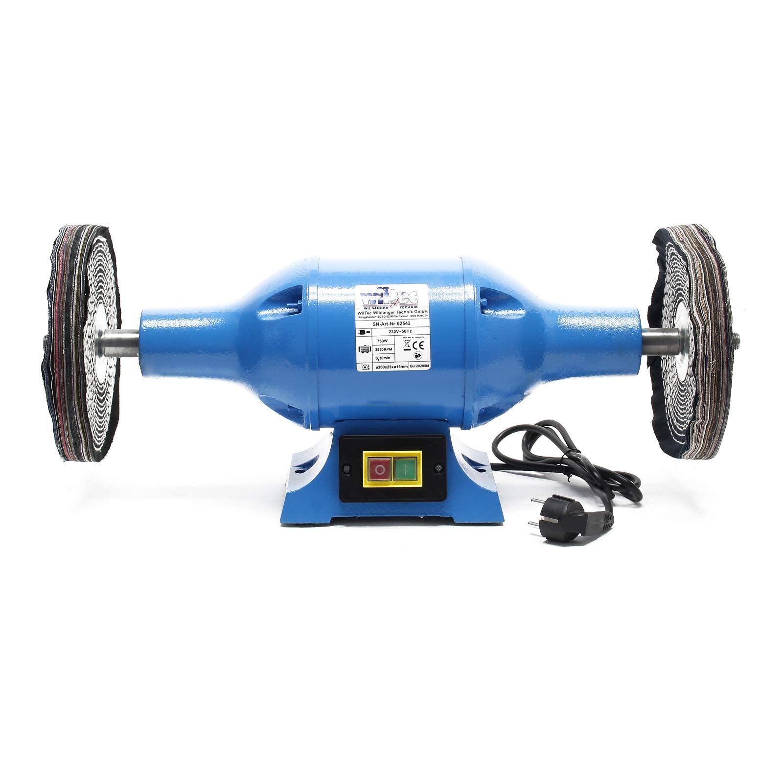 Wiltec Poliermaschine 750W mit 2 Polierscheiben Ø 200mm, 2950 U/min, Doppelschleifer mit robustem Gehäuse aus Guss und Standfuß