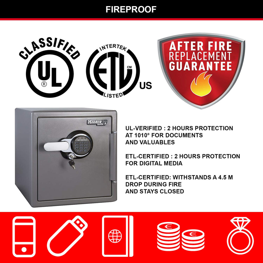 Master Lock Tresor Feuerfest und Wasserdicht mit Zahlencode und Schlüssel, Dreifacher Schutz - Flug, Feuer und Flut, elektronische Kombination und Schlüssel, 33.6L, 45.3 x 41.5 x 49.1 cm