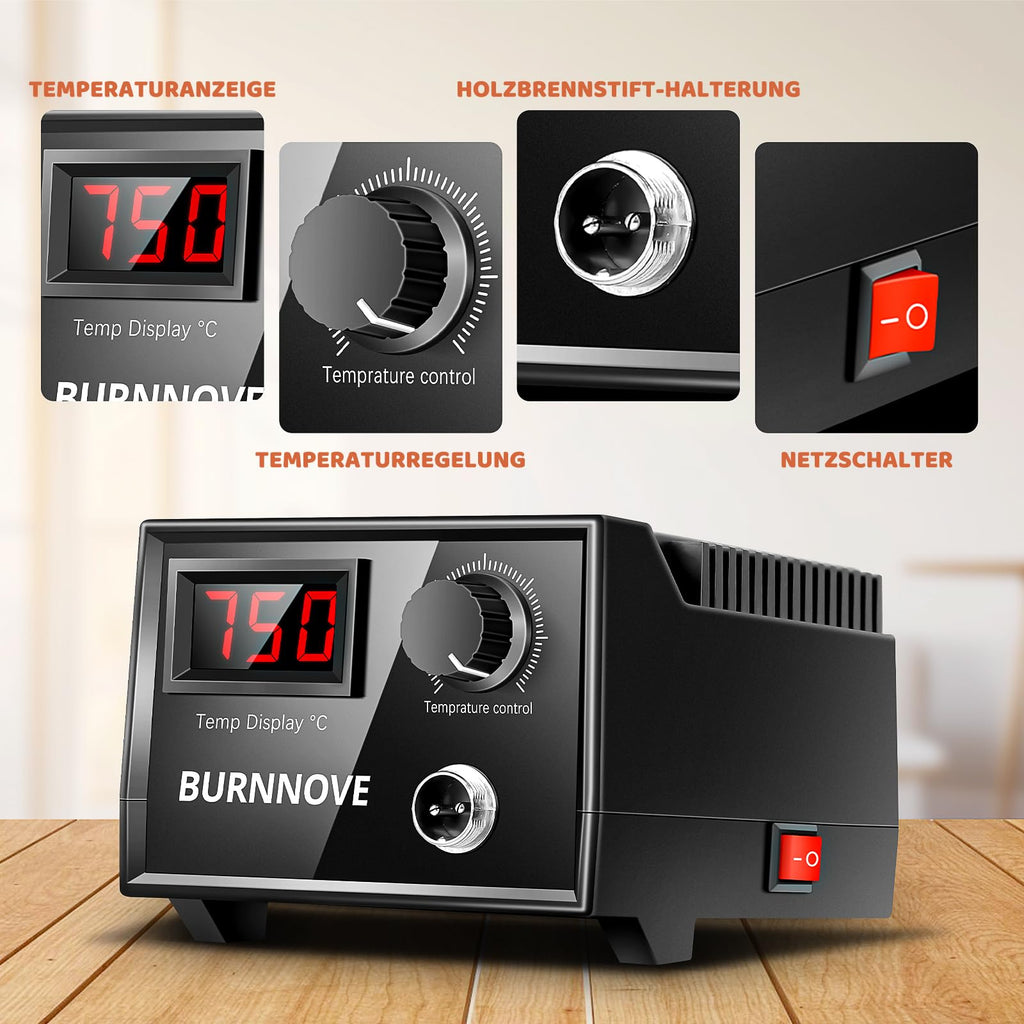 BURNNOVE Brandmalerei Set mit Digitalanzeige 100℃-750℃ Einstellbare Temperatur 21-teilig Spitzen Brandmalkolben für Holz, Leder und Kürbis Holzschnitt