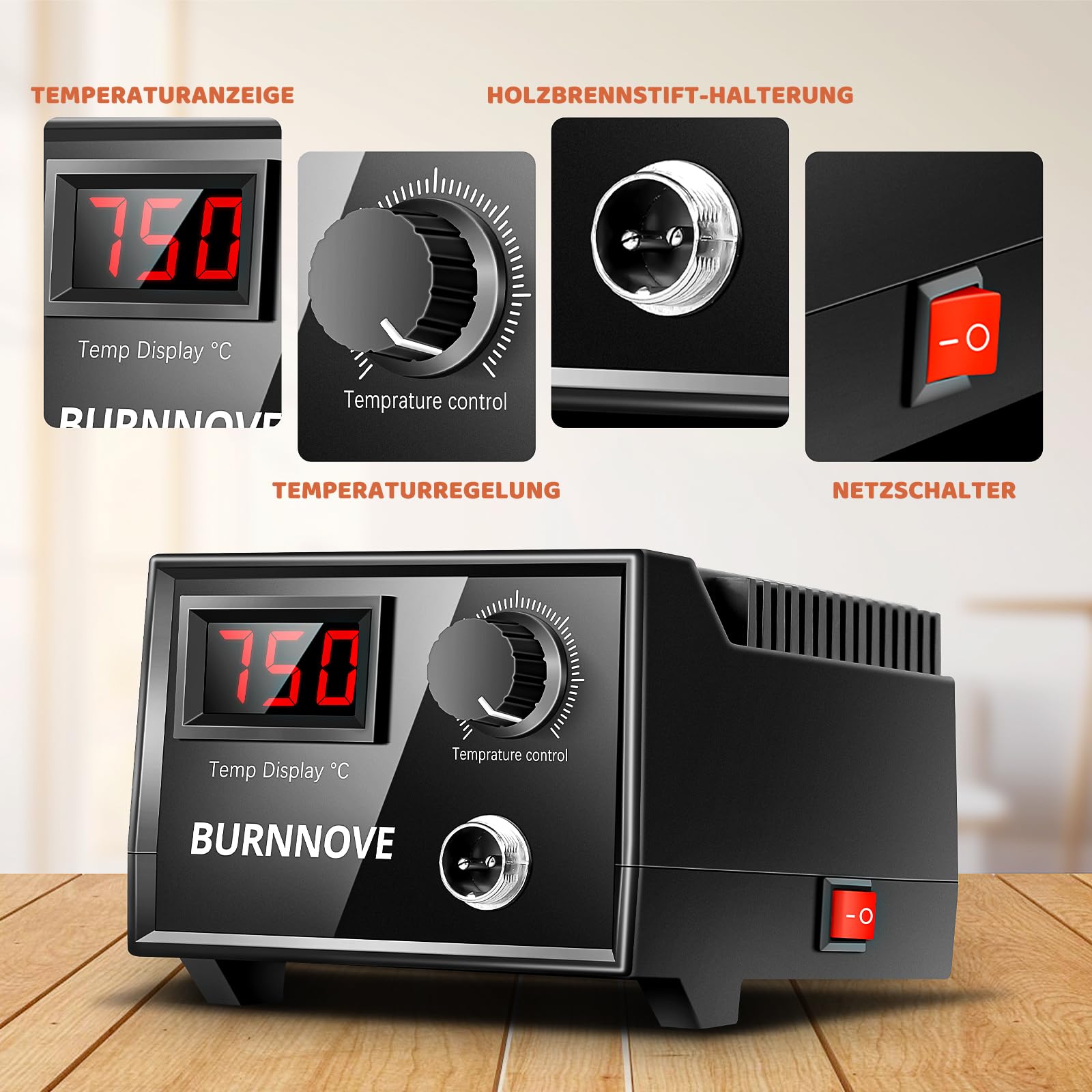 BURNNOVE Brandmalerei Set mit Digitalanzeige 100℃-750℃ Einstellbare Temperatur 21-teilig Spitzen Brandmalkolben für Holz, Leder und Kürbis Holzschnitt