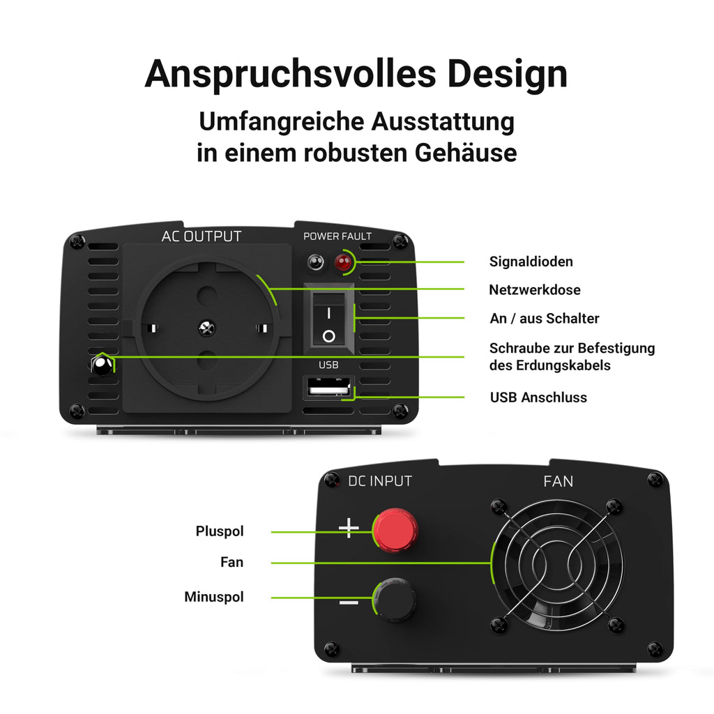 Green Cell 300W/600W 12V auf 230V Reiner Sinus Volt kfz Spannungswandler Wechselrichter Konverter Pure Sine Wave Power Solar Inverter DC AC Umwandler Stromwandler Zigarettenanzünder Steckdose