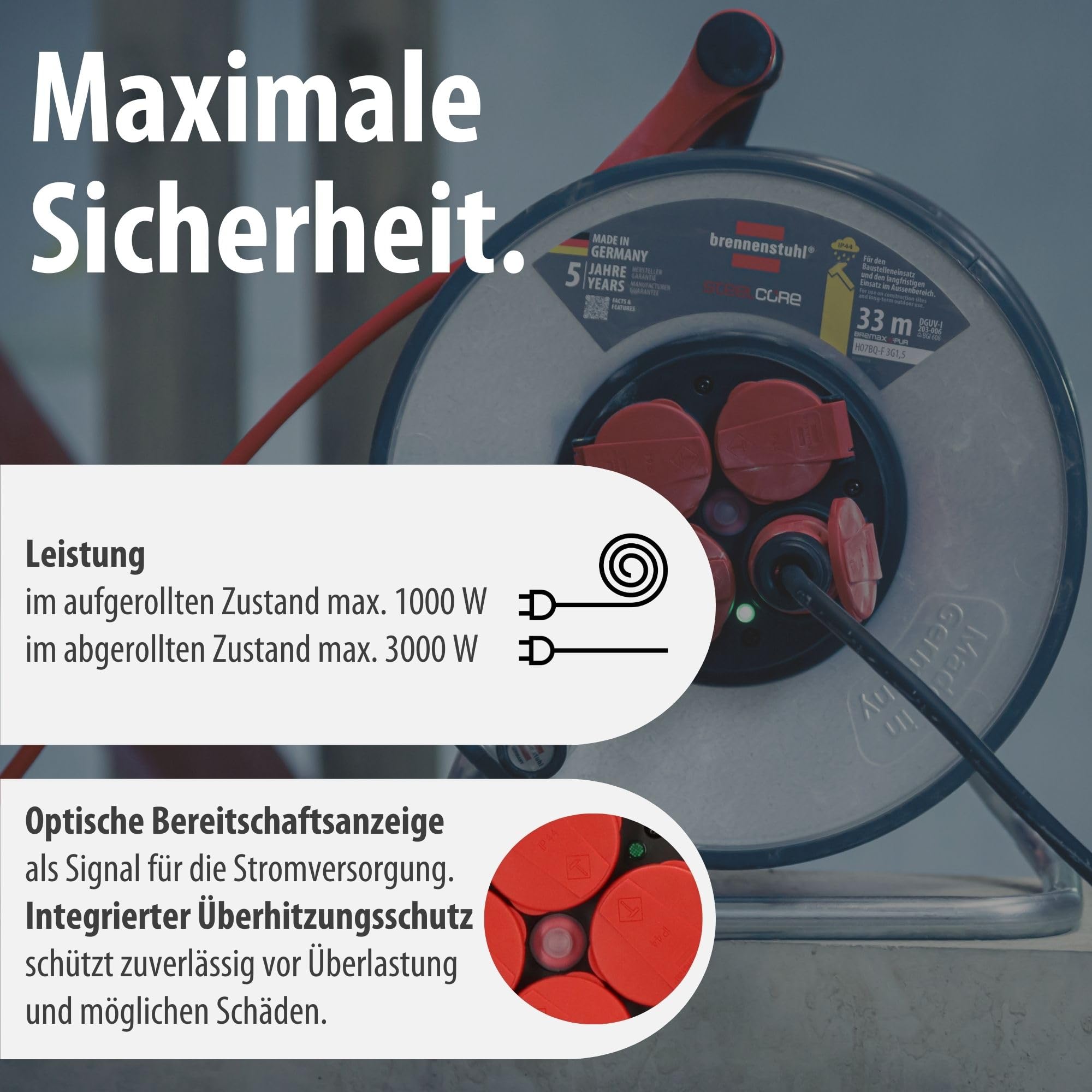 Brennenstuhl Professional SteelCore Kabeltrommel SC 3210 IP44 (33m H07BQ-F 3G2,5 Kabel, Trommelkörper aus Stahlblech, Baustelleneinsatz und ständiger Einsatz im Freien, Made in Germany)