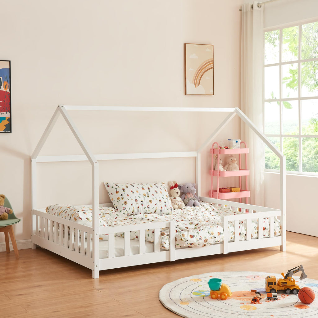[en.casa] Kinderbett Sisimiut Hausbett Montessori 140 x 200 cm mit Rausfallschutz Holzbett für Kinder Bodenbett Lattenrost Kiefernholz Weiß matt