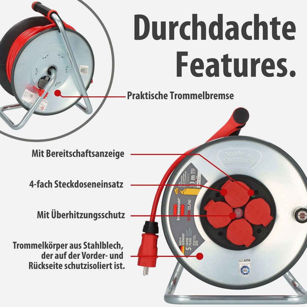 Brennenstuhl Professional SteelCore Kabeltrommel SC 3210 IP44 (33m H07BQ-F 3G2,5 Kabel, Trommelkörper aus Stahlblech, Baustelleneinsatz und ständiger Einsatz im Freien, Made in Germany)