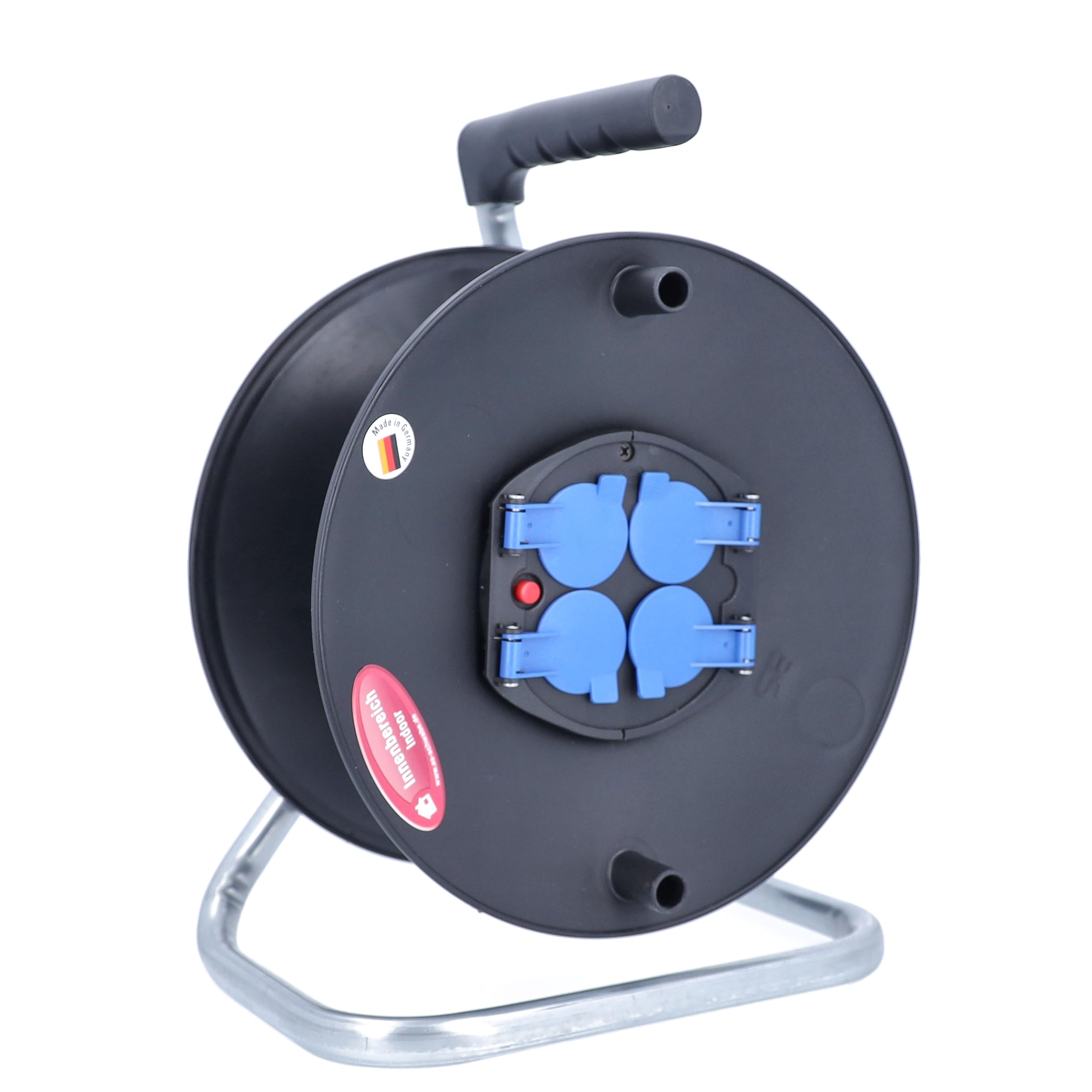 as - Schwabe Kunststoffkabeltrommel Leertrommel Ø285 mm für ca. 50 m Kabel, 4 Einbausteckdosen mit Klappdeckel 230V/16A, Thermoschutzschalter, IP20, Schwarz, 10208