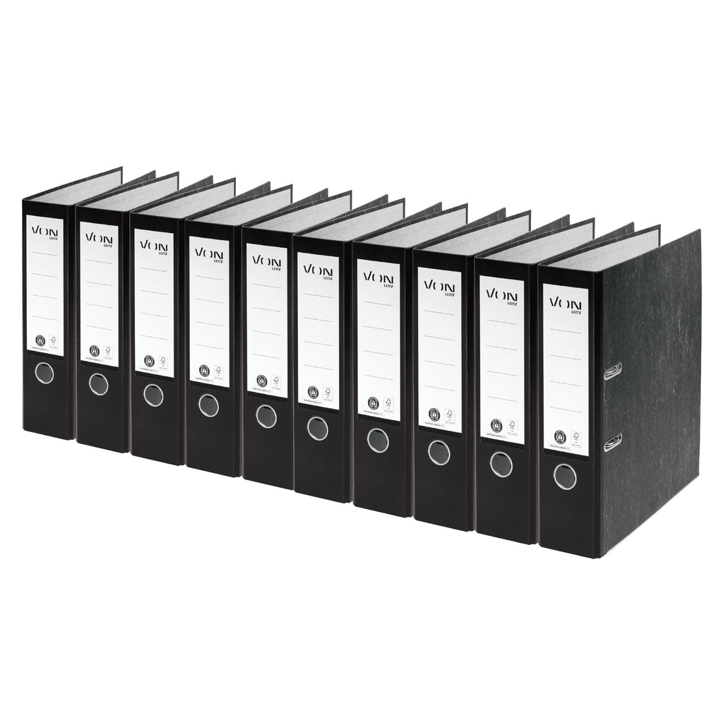 VON Leitz Ordner A4, 10er Pack, 100 % Recyclingpapier, 80 mm Rückenbreite, Für 600 Blatt, Blauer Engel & FSC-zertifiziert, Für Schule, Studium & Zuhause, Schwarz, 10530095
