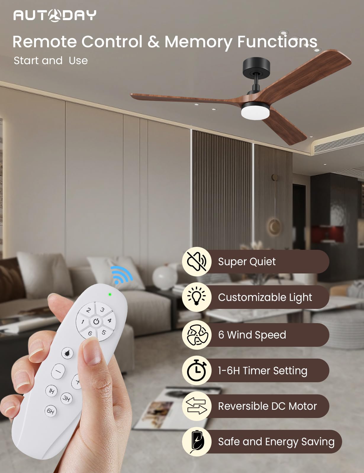AUTODAY Holz Deckenventilator mit Beleuchtung leiser Gleichstrommotor 132 cm deckenventilator outdoor 3 hölzern flügel dimmbarem LED 24W fernbedienung mit Memory-Funktion 6 Geschwindigkeiten Timer