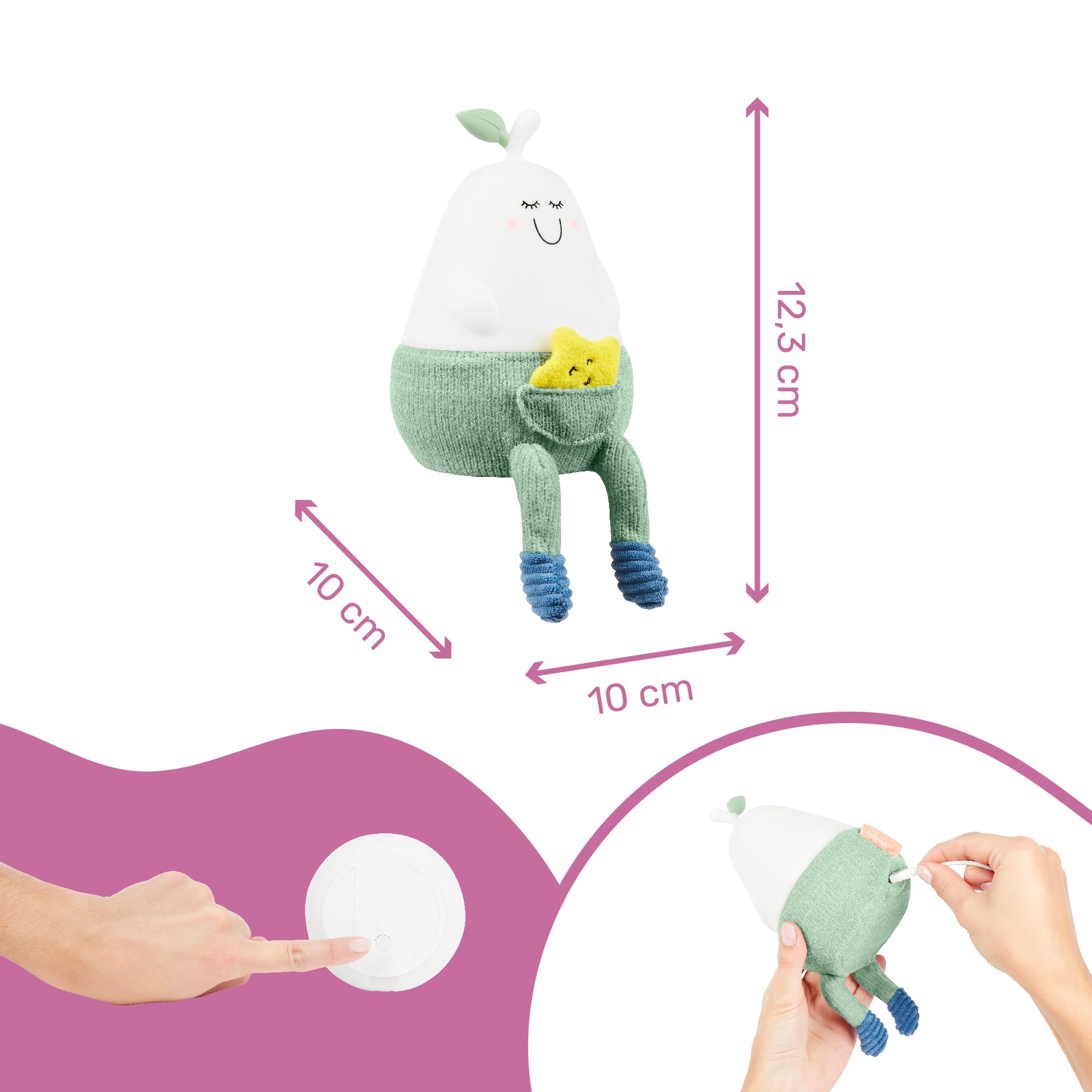 Badabulle Silikon-Nachtlicht Bertille - Lange Leuchtdauer (max. 10 Stunden) - 3 Lichtmodi - 6 Farben - Weich & anschmiegsam - Wiederaufladbarer Akku
