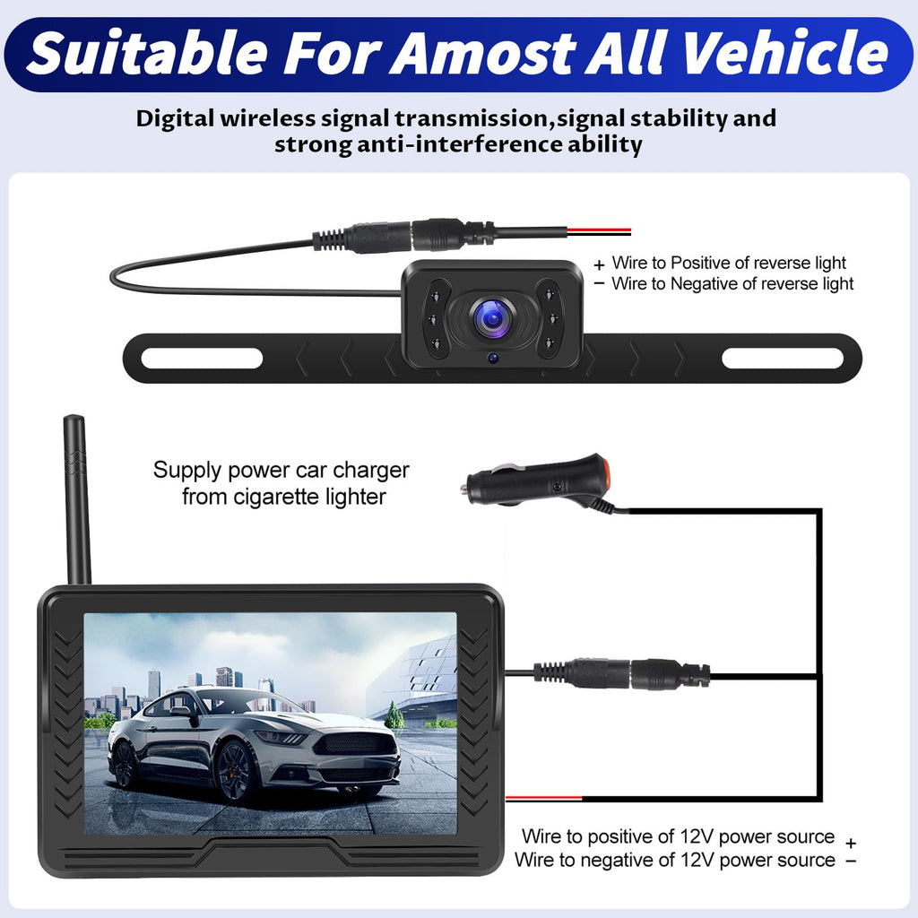 OiLiehu Kabellose Digitale Rückfahrkamera Set, IP68 Infrarot Nachtsicht AHD Kamera, 1080P Funk Rückfahrkamera mit 5" IPS Monitor, für Auto DC 12V