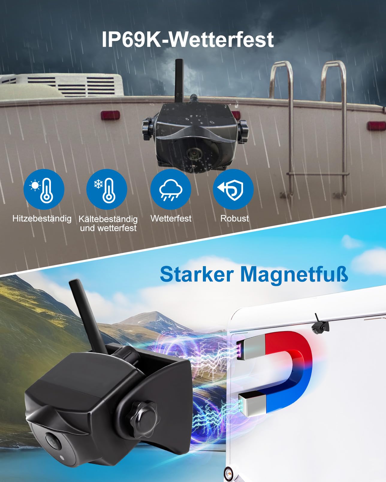 1080P Magnetische kabellose Rückfahrkamera, WiFi-Rückfahrkamera mit langlebigem Akku, 90 Tage Standby, Nachtsicht, IP69K, einfache Installation für LKWs, Anhänger, kompatibel mit Telefon, Pad