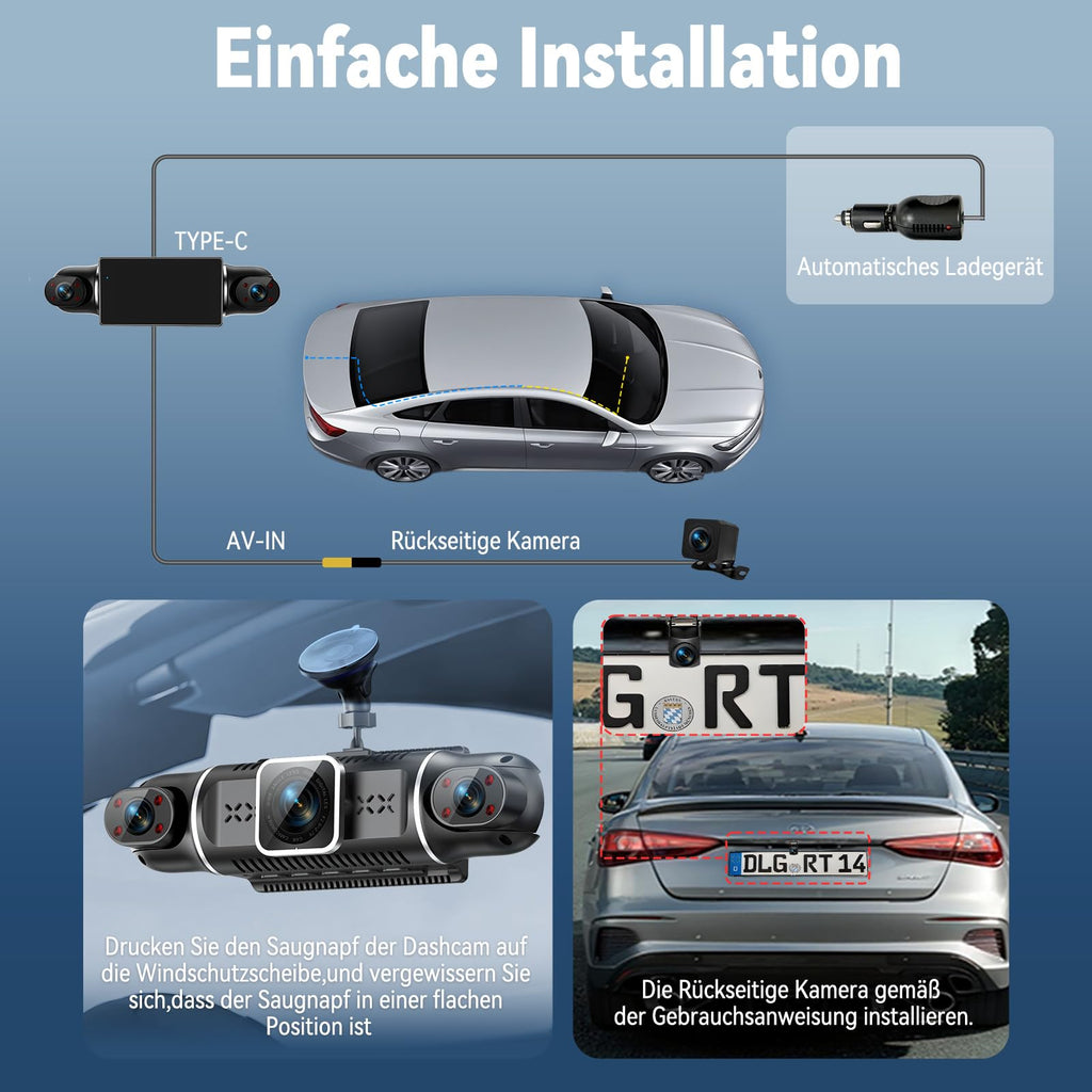 360° Dashcam Auto Vorne Hinten 2K/1080P, 4 Kanal Dash Cam Auto Kamera mit 64GB SD-Karte,3" IPS-Bildschirm,4X 140° Weitwinkel,WDR Nachtsicht (8 IR-LEDs),G-Sensor,24/7 Parkmodus,Loop-Aufnahme, WiFi App