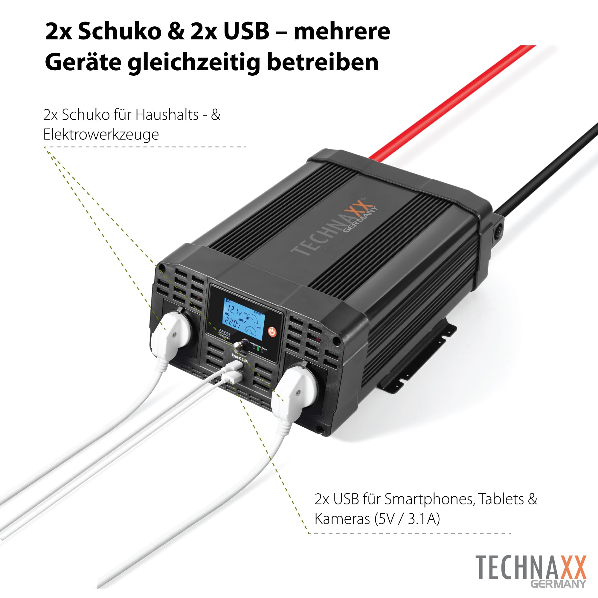 Technaxx KFZ Wechselrichter 12V auf 230V 2000W / 4000W – TÜV-zertifizierter Auto Spannungswandler mit LC-Display, 2x Schuko & 2x USB – Inverter für Camping, Wohnmobil, Boot – TE20