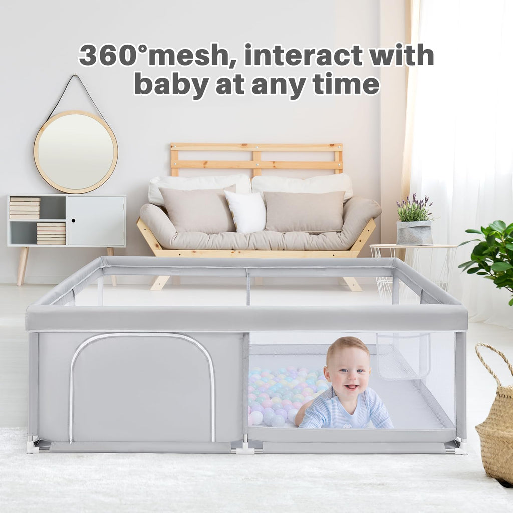 BEJOY Großer Laufstall Laufgitter XXL 180*200 cm, Kompakt und Stark, Schaumstoffschutz Rutschfester mit Transparentem, Atmungsaktivem Netz, Reißverschluss für Babys & Kleinkinder Indoor & Outdoor