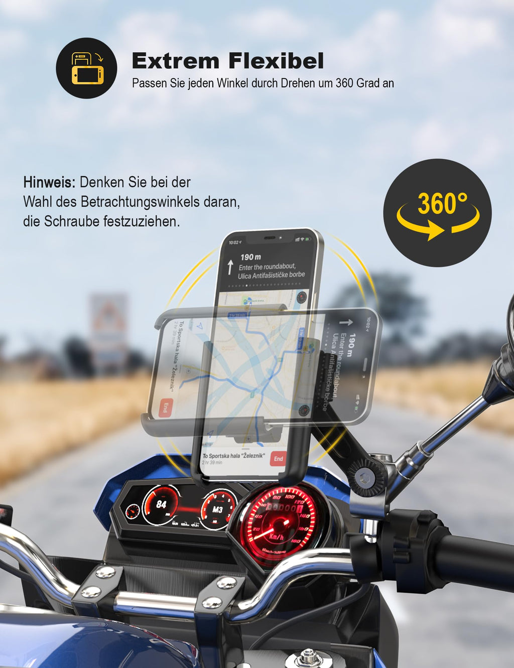 Grefay Handyhalter für Fahrrad und Motorrad, 1-Sekunden-Schnellverschluss. Anti-Shake Halterung für 4,0–7,0 Zoll große Smartphones, für Motorrad Spiegel, um 360° drehbar