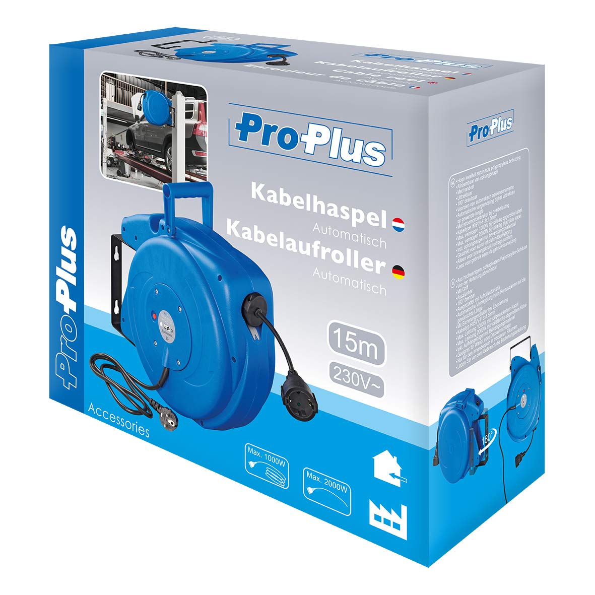 ProPlus 580786 Automatischer Kabelaufroller 15M, Schwarz, Blau