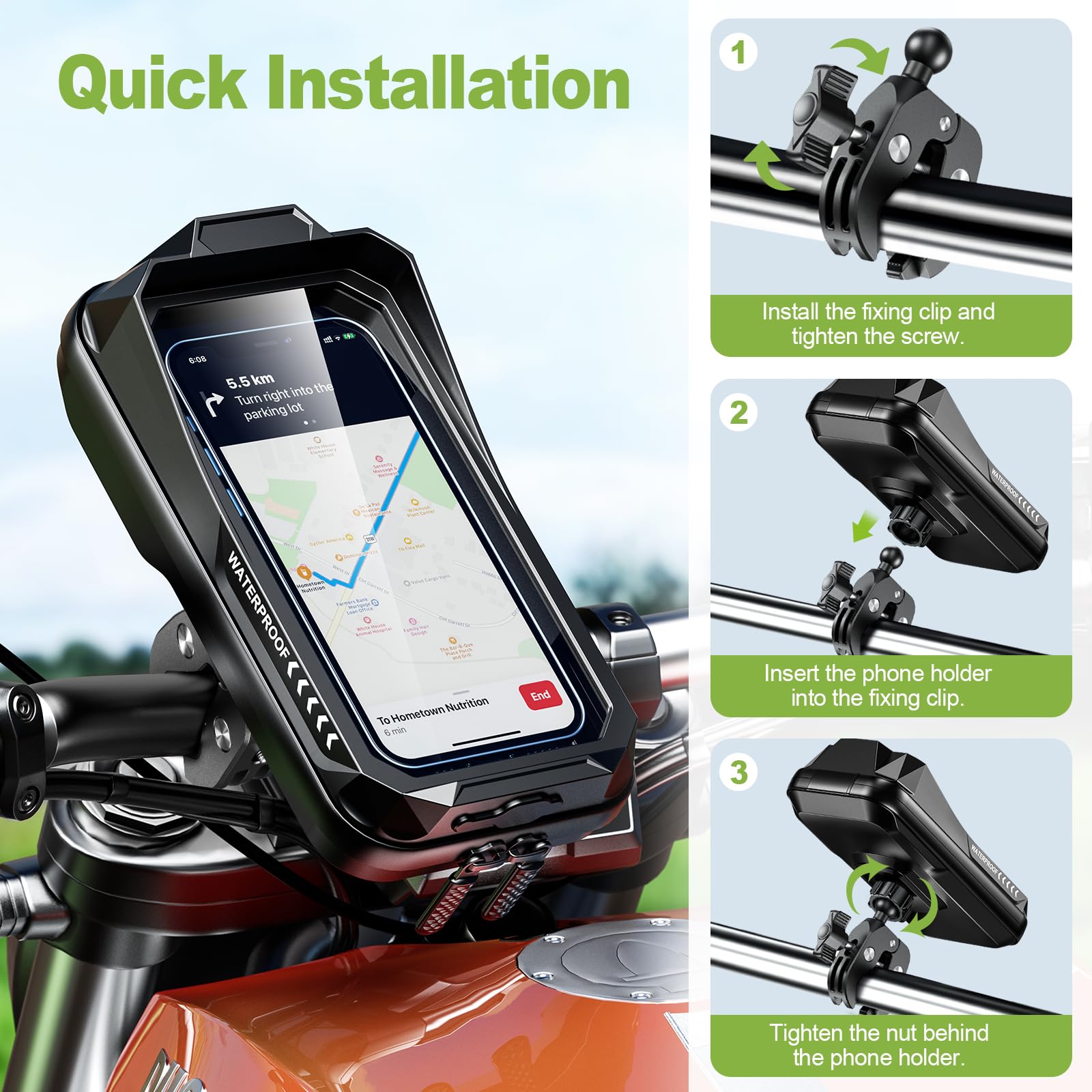 BTNEEU Handyhalterung Motorrad Wasserdicht Universal Anti-Shake Telefonhalterung mit Touchscreen Sonnenblende 360° Drehbar Halterung Motorrad Metall für Smartphone bis zu 7,0" (Schwarz C)
