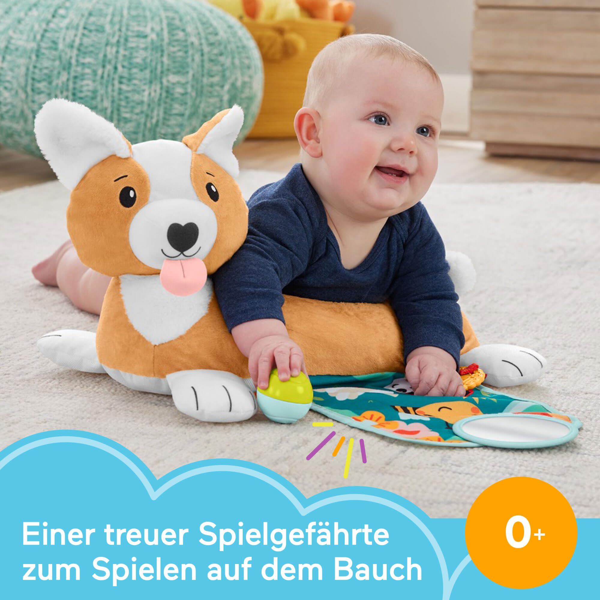 Fisher-Price Baby-Spielzeug zum Spielen in der Bauchlage, 3-in-1 Hündchen Spielkissen mit BPA-freiem Beißring, Rassel und Spiegel-Spielzeug