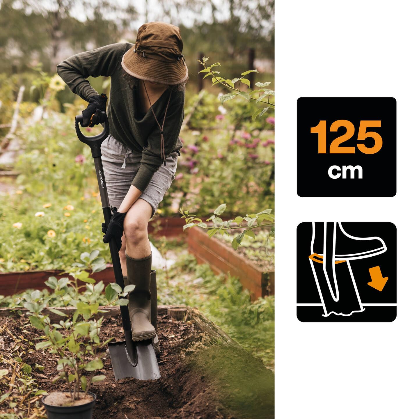 Fiskars Gärtnerspaten, Spitz, Spaten für harte, steinige Böden, Länge: 125 cm, Hochwertiger Borstahl, Grau/Schwarz, Ergonomic, 1070639