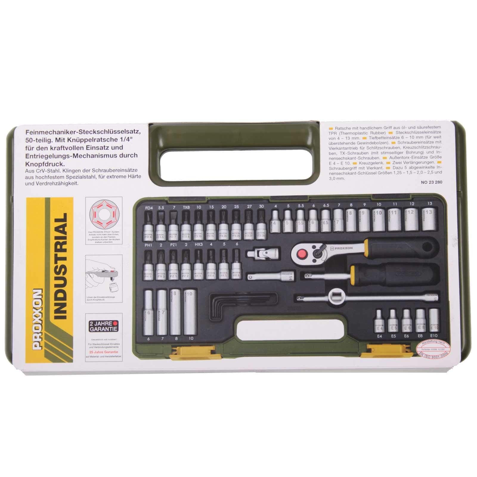 PROXXON Steckschlüsselsatz, Feinmechaniker-Satz mit 1/4"-Umschaltratsche sowie Schraubendrehergriff, 50-teiliges Werkzeug-Set mit Kunststoffkoffer, 23280