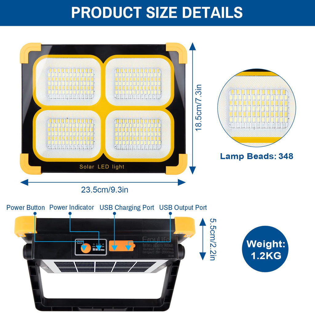 LED Baustrahler Solar 120W, Tragbar Arbeitsstrahler Akku mit 348 LED-Perlen 4 Modi, 10000 Lumen Arbeitsleuchte USB oder Solar Wiederaufladbare Ideal für Camping, Arbeit, Angeln, Schwarz