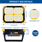 LED Baustrahler Solar 120W, Tragbar Arbeitsstrahler Akku mit 348 LED-Perlen 4 Modi, 10000 Lumen Arbeitsleuchte USB oder Solar Wiederaufladbare Ideal für Camping, Arbeit, Angeln, Schwarz