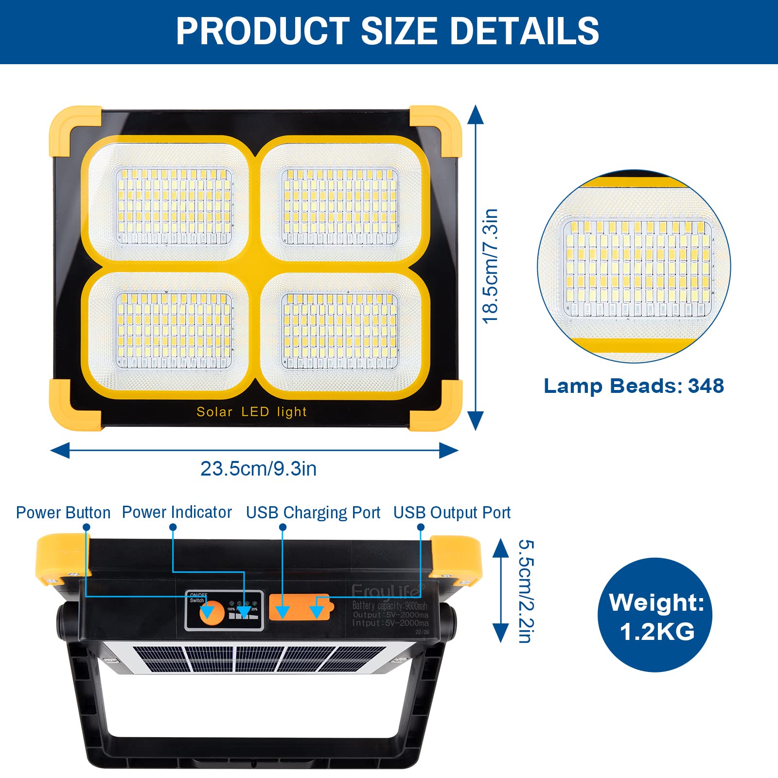 LED Baustrahler Solar 120W, Tragbar Arbeitsstrahler Akku mit 348 LED-Perlen 4 Modi, 10000 Lumen Arbeitsleuchte USB oder Solar Wiederaufladbare Ideal für Camping, Arbeit, Angeln, Schwarz