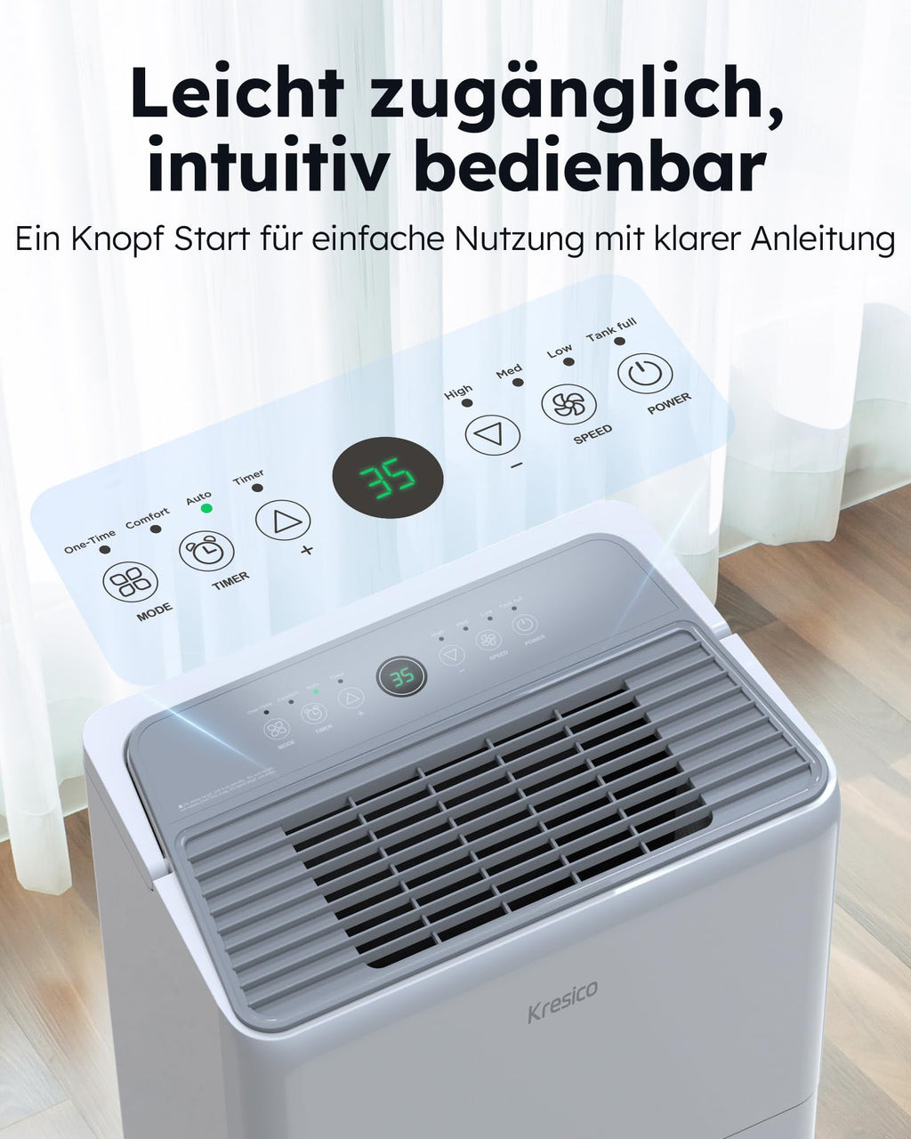 Kresico Luftentfeuchter elektrisch 50L, Entfeuchter elektrisch, Luftentfeuchter Keller für Räume bis zu 320m³/125m², Raumentfeuchter elektrisch mit Ablaufschlauch, Filter, Timer, 10 J. Gar.