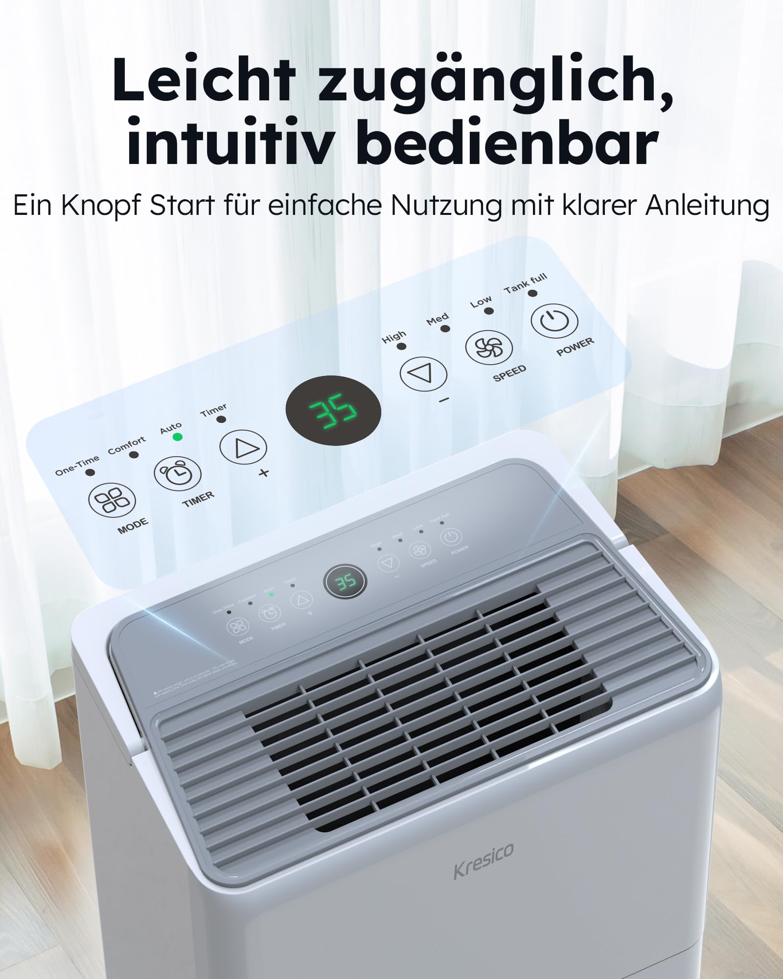 Kresico Luftentfeuchter elektrisch 50L, Entfeuchter elektrisch, Luftentfeuchter Keller für Räume bis zu 320m³/125m², Raumentfeuchter elektrisch mit Ablaufschlauch, Filter, Timer, 10 J. Gar.