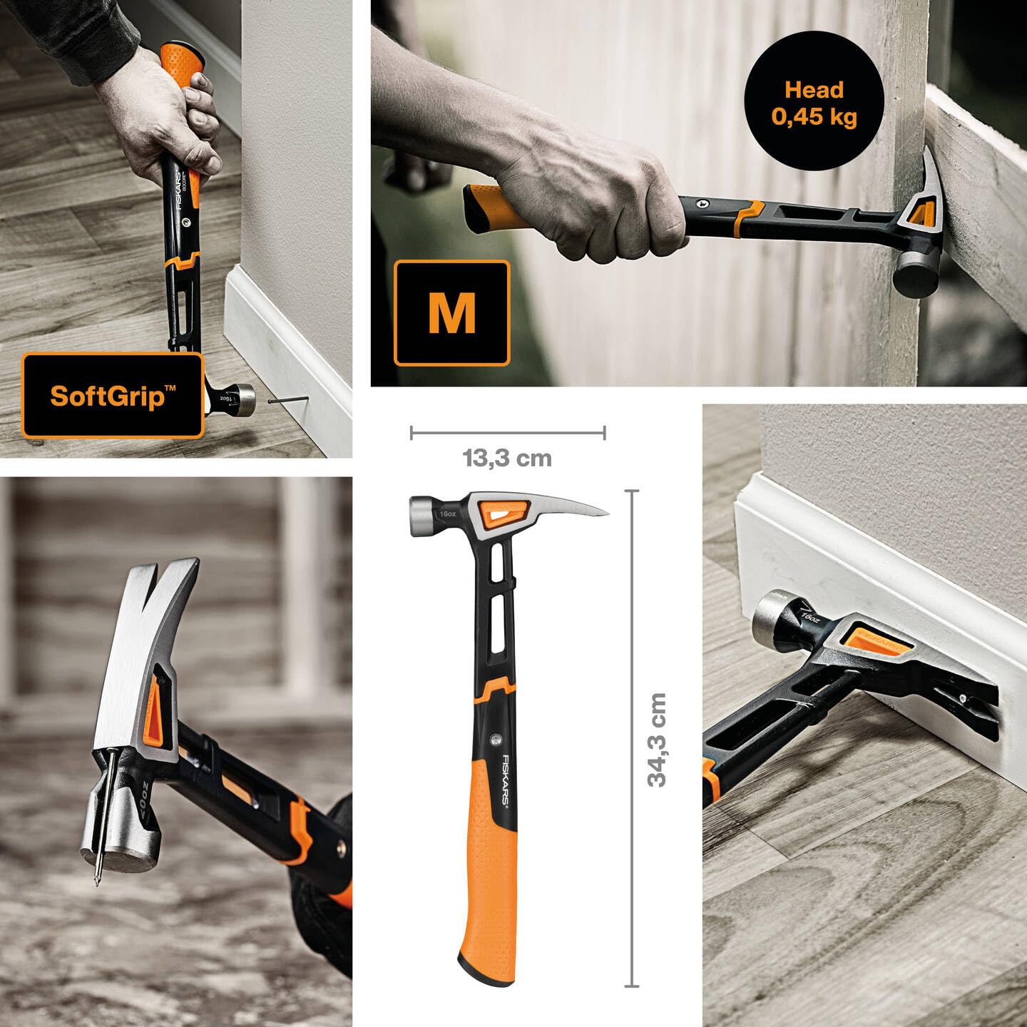 Fiskars Klauenhammer IsoCore M zum Einschlagen der Nägel, Länge: 34 cm, Gewicht: 0,82 kg, Schwarz/Orange, 1020213