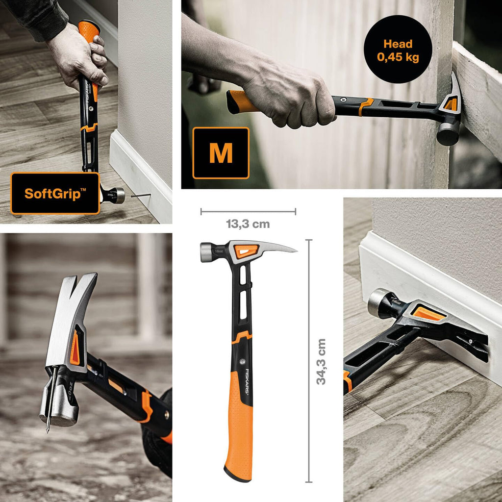 Fiskars Klauenhammer IsoCore M zum Einschlagen der Nägel, Länge: 34 cm, Gewicht: 0,82 kg, Schwarz/Orange, 1020213