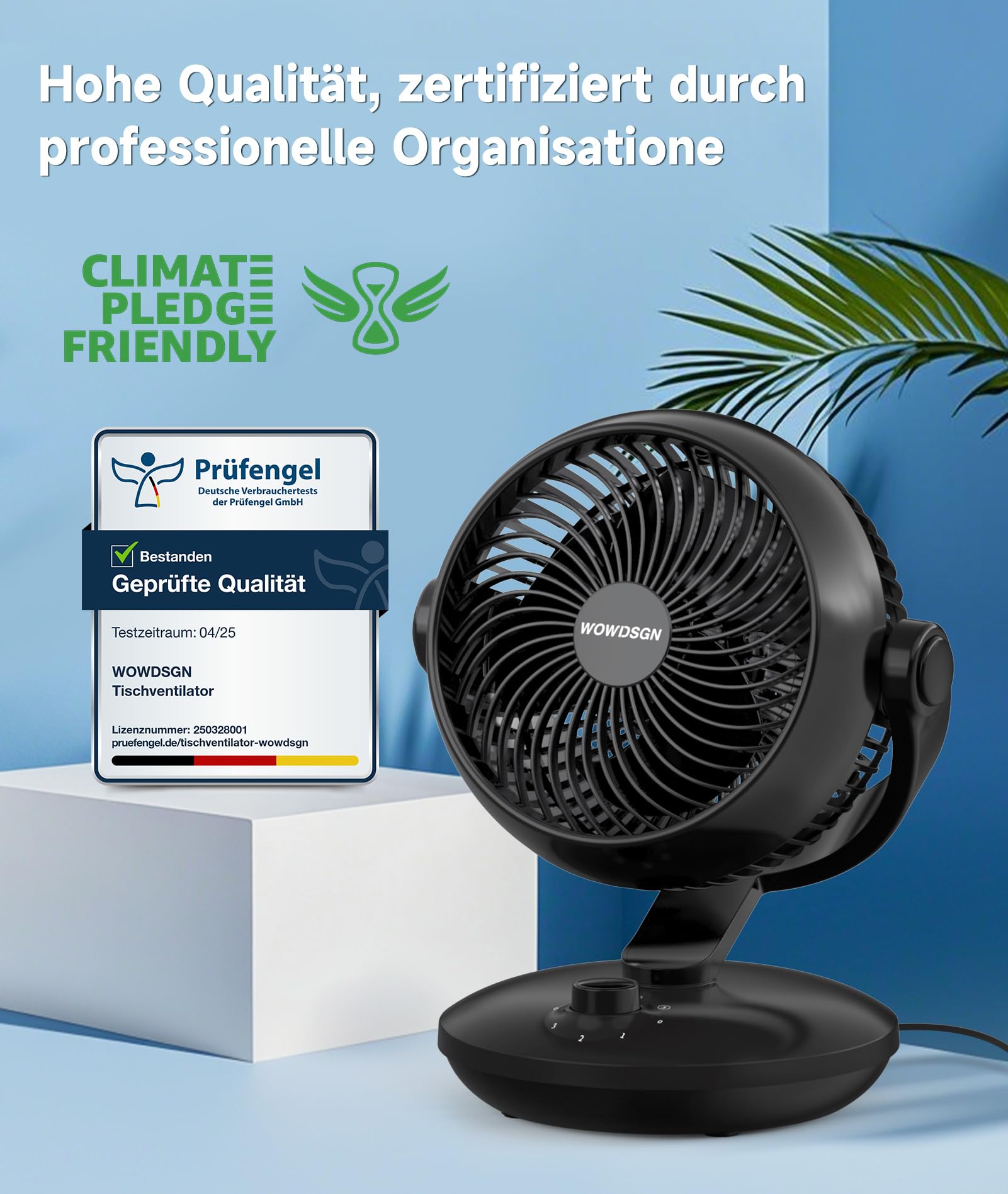 WOWDSGN Ventilator Leise, Tischventilator 24dB, Leistungsstarker 3D Turbo-Luftzirkulator - 100° & 80° Oszillation - 3 Geschwindigkeitsstufen für Schlafzimmer Wohnzimmer Büro Küchen - Schwarz