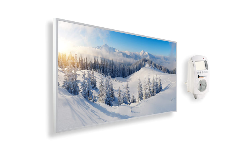 Könighaus Infrarotheizung mit Bild - 1200 Watt + Smart Thermostat & Könighaus APP - Energiesparende Infrarot Wandheizung mit Bildmotiv – TÜV SÜD - Weißer Rahmen (07. Schneelandschaft)