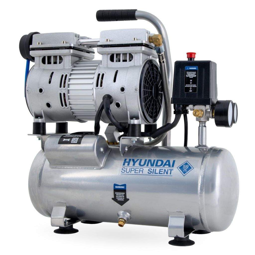 HYUNDAI Silent Kompressor SAC55751 | 6L Kessel, 8bar, ölfrei | 0.55kW / 0.75PS | Ansaugleistung 93 L/Min | klein, kompakt, tragbar | 59dB Luftkompressor leise, Flüster-Kompressor