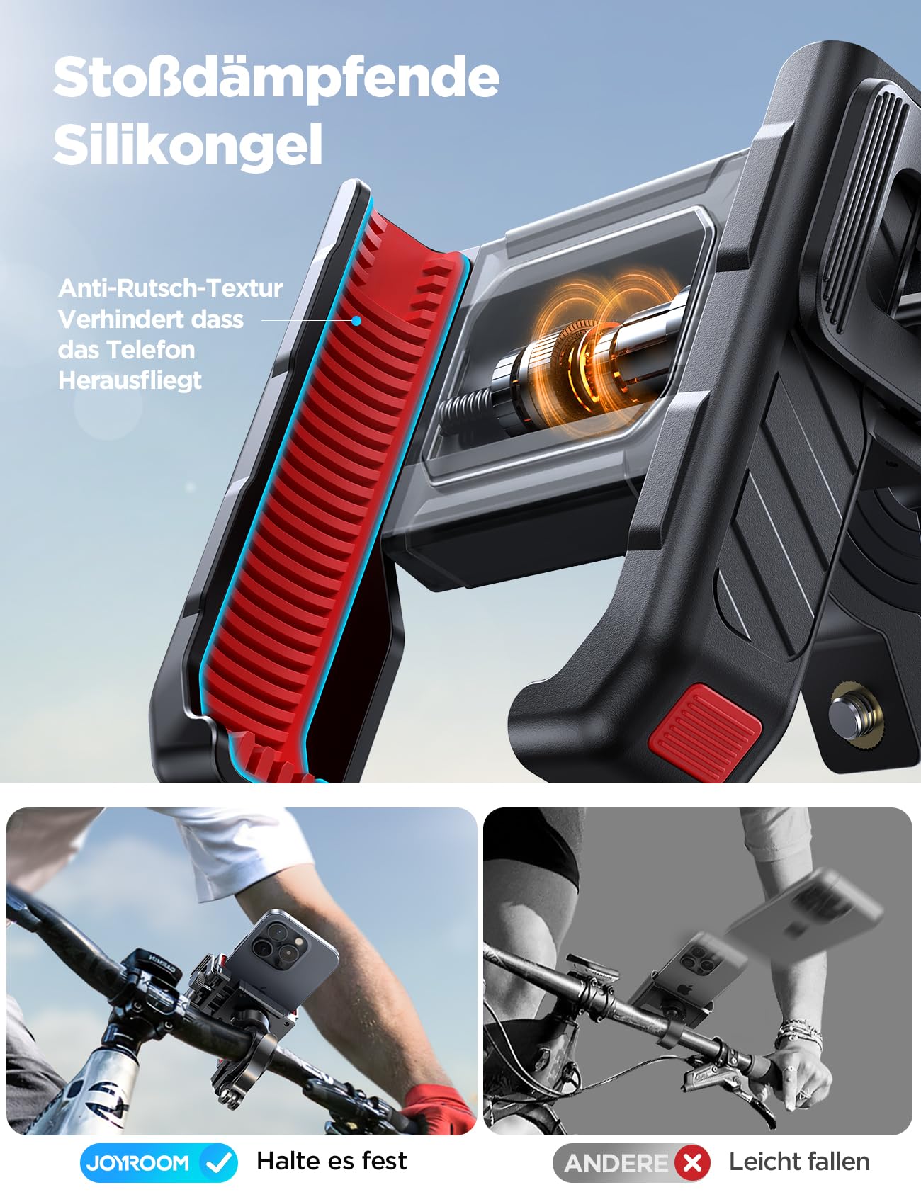 JOYROOM Handyhalterung Fahrrad【Anti Shake Stoßdämpfender】 Motorrad Handyhalterung 【1S Schnellspanner】 Universal Handyhalter für Fahrrad Lenker und Auch für iPhone 17/16/15/14, Samsung S24 (4.7"-7")