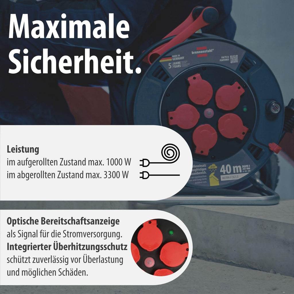 Brennenstuhl Professional Kabeltrommel 300 KU 4100 (40m Kabel in schwarz, aus Spezialkunststoff, Baustelleneinsatz und ständiger Einsatz im Außenbereich, Made in Germany)